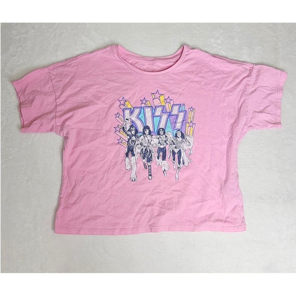 Wonder Nation KISS Graphic T-Shirt L 10-12 Pink Short Sleeve Band Tee Boxy Crop